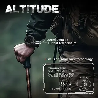 North Edge Apache 46 altitude and temperature display promotional photograph with a hiker