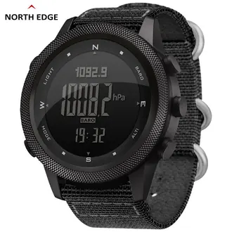 North Edge Apache 46 black outdoor digital watch with textured bezel and black fabric strap