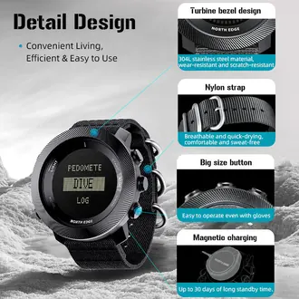 North Edge Apache D illustrated details of bezel, nylon strap, buttons and magnetic charging